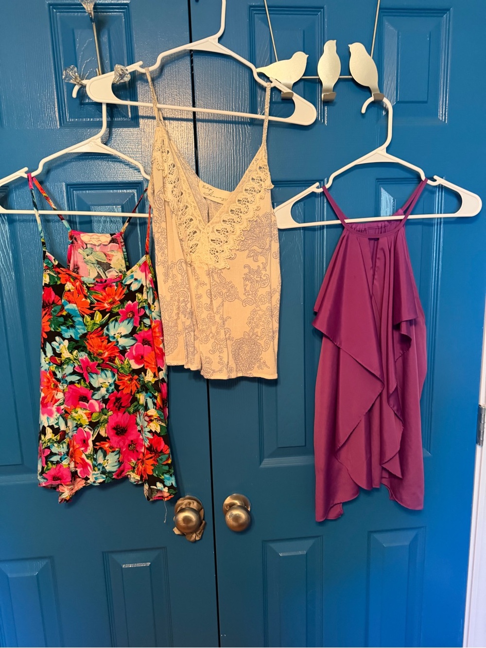 Sleeveless Purple Ruffle Halter flower print and white and blue tank tops